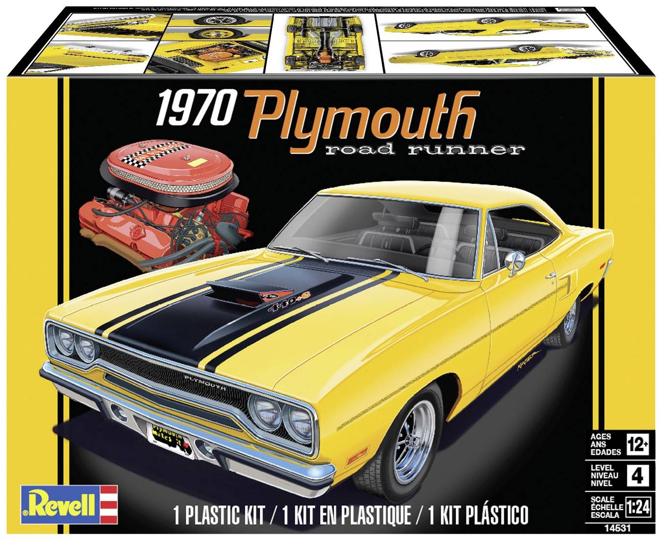 Verpackung eines Modellbausatzes: '1970 Plymouth Road Runner'. Gelbes Auto mit schwarzem Streifen, roter Motorabbildung, Revell-Logo.
