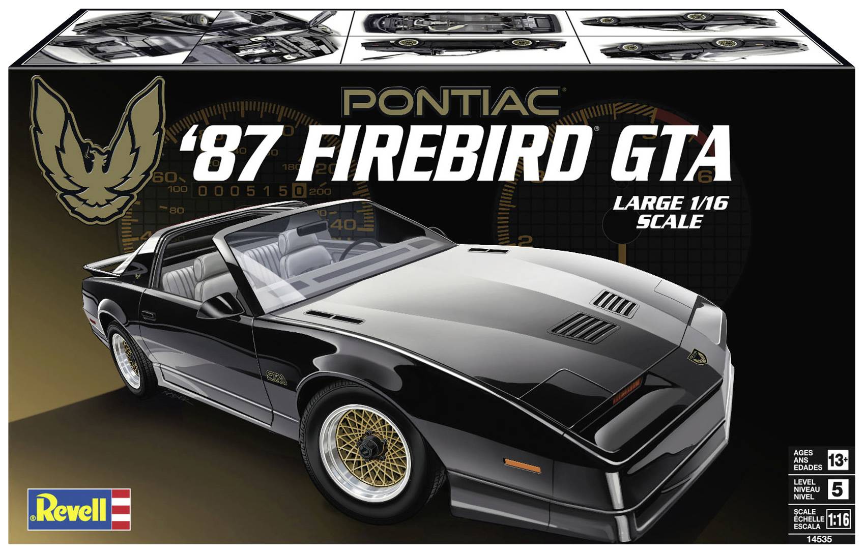 Modellbausatz-Verpackung eines schwarzen 1987 Pontiac Firebird GTA im Maßstab 1:16. Detaillierte Grafiken und Informationen auf der Box.