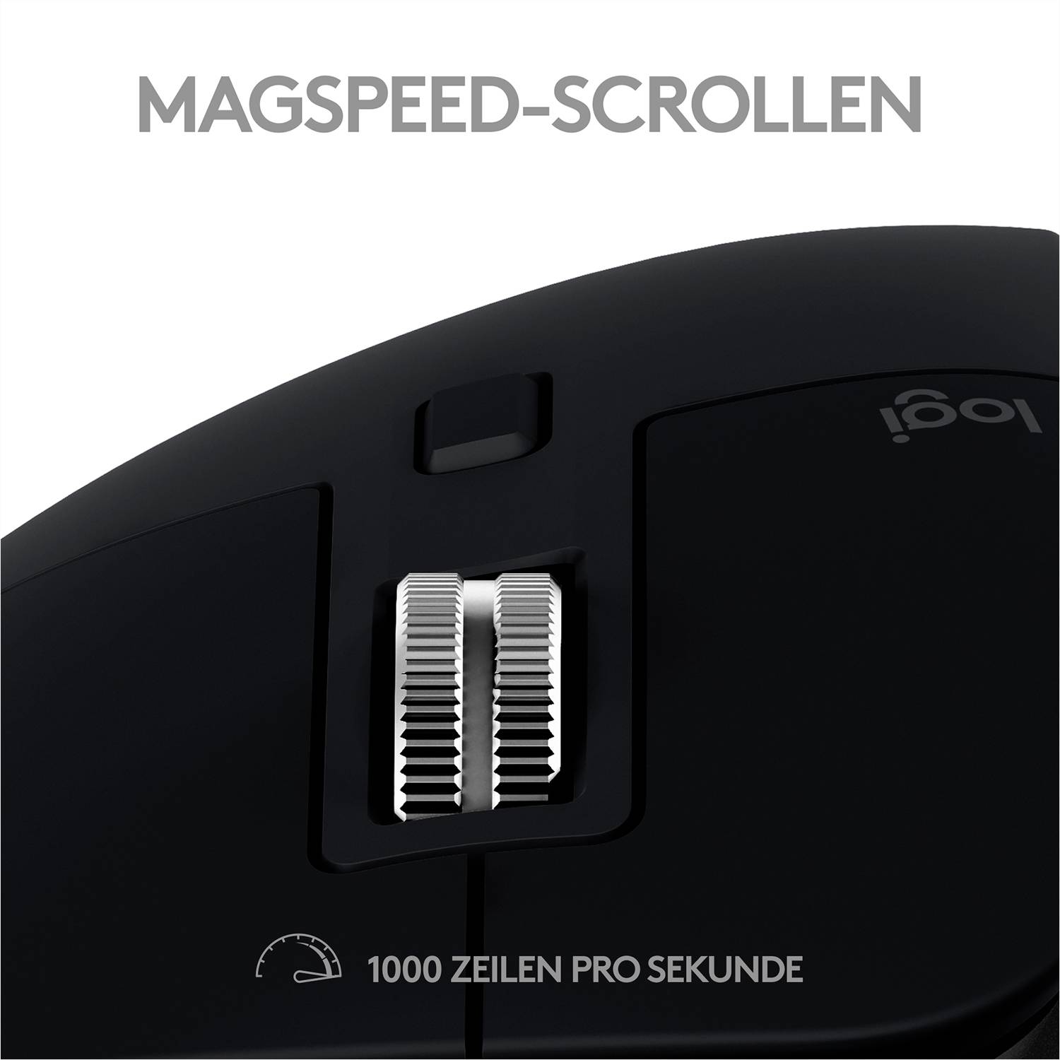 Schwarze Computermaus mit Magspeed-Scrollrad und der Beschriftung '1000 Zeilen pro Sekunde', zeigt schnelles Scrollen.