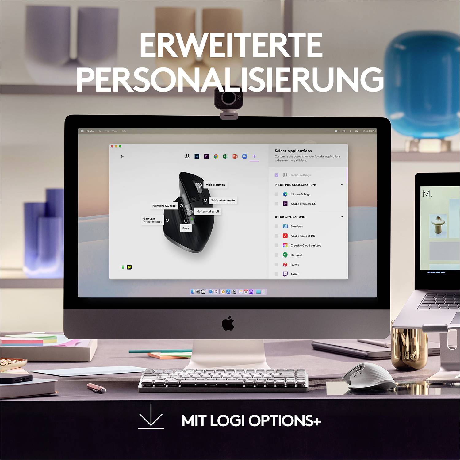 Ein Computerbildschirm mit geöffneter Software zeigt Optionen zur individuellen Anpassung. Text 'Erweiterte Personalisierung'.