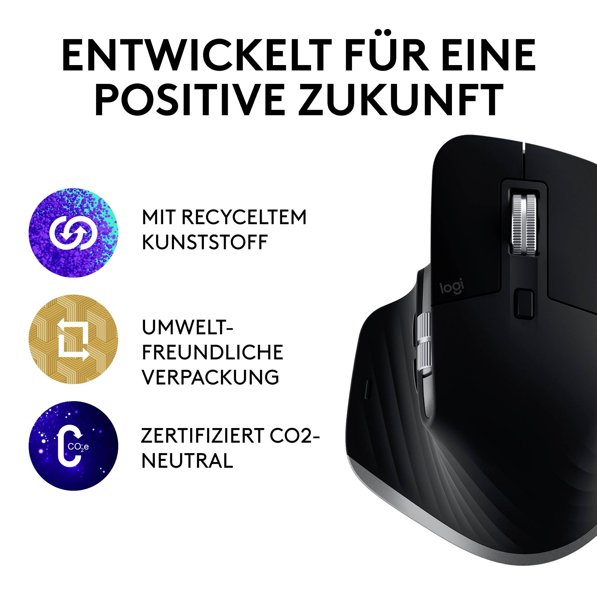 Eine schwarze Computermaus mit dem Text 'Entwickelt für eine positive Zukunft' daneben. Drei Symbole zeigen Recycling, Umweltschutz und CO2-Neutralität.