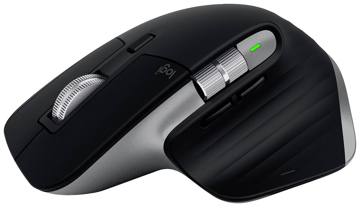Schwarze und silberne Computermaus mit seitlichen Bedienelementen und einem beleuchteten Scrollrad. Ergonomisches Design für komfortable Handhabung.