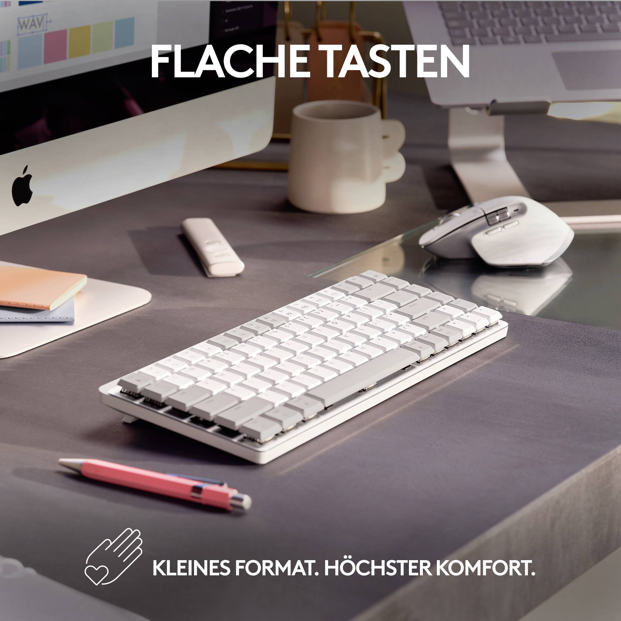 Logitech MX Mechanical Mini for Mac Minimalist Kabellos Tastatur Deutsch, QWERTZ, Mac Hellgrau Wiederaufladbar