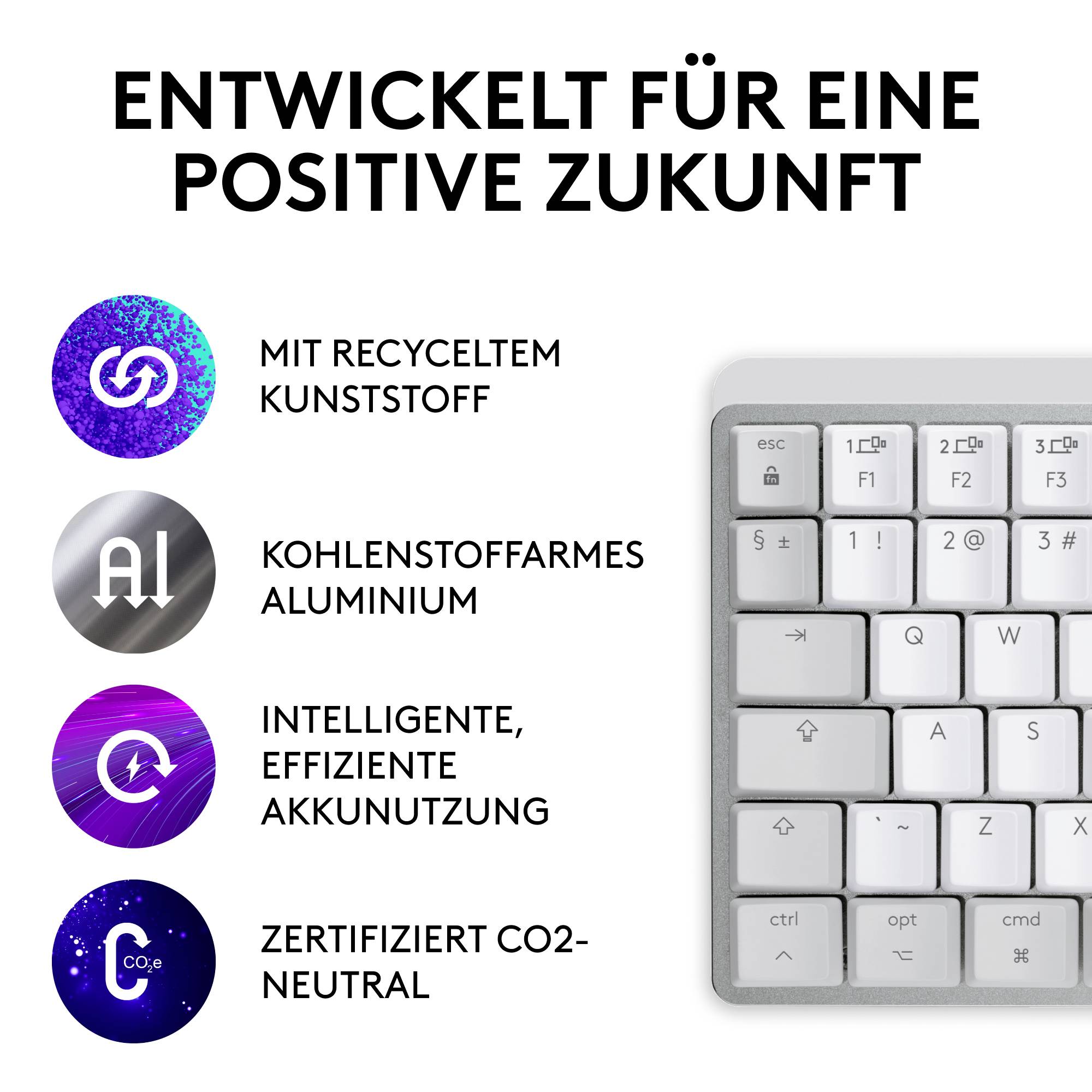 Logitech MX Mechanical Mini for Mac Minimalist Kabellos Tastatur Deutsch, QWERTZ, Mac Hellgrau Wiederaufladbar