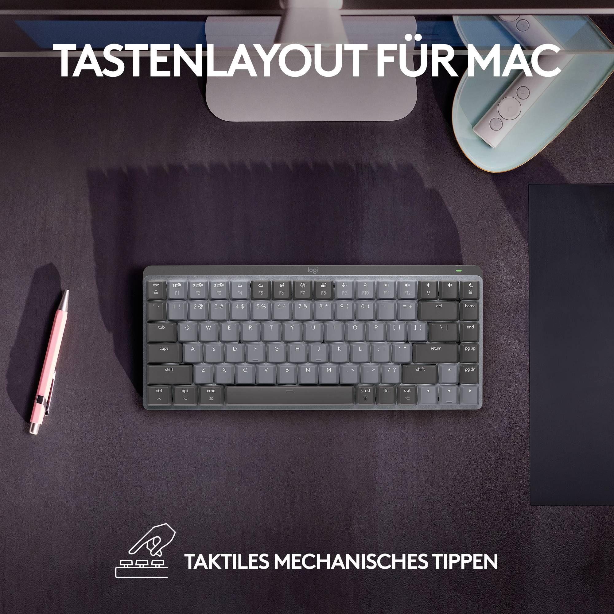 Logitech MX Mechanical Mini for Mac Minimalist Kabellos Tastatur Deutsch, QWERTZ, Mac Spacegrau Wiederaufladbar