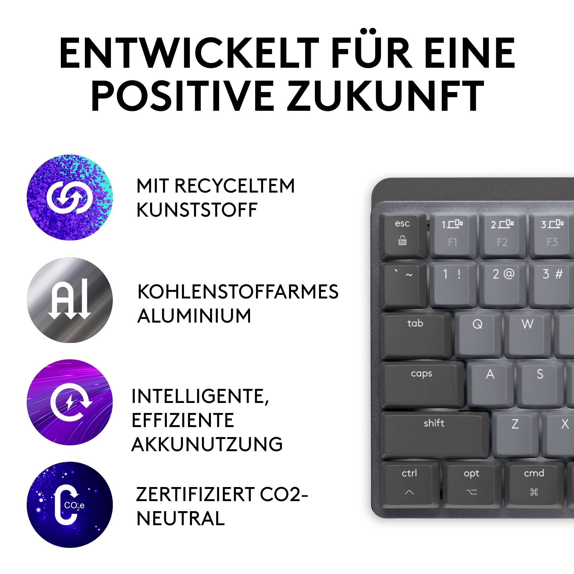 Logitech MX Mechanical Mini for Mac Minimalist Kabellos Tastatur Deutsch, QWERTZ, Mac Spacegrau Wiederaufladbar