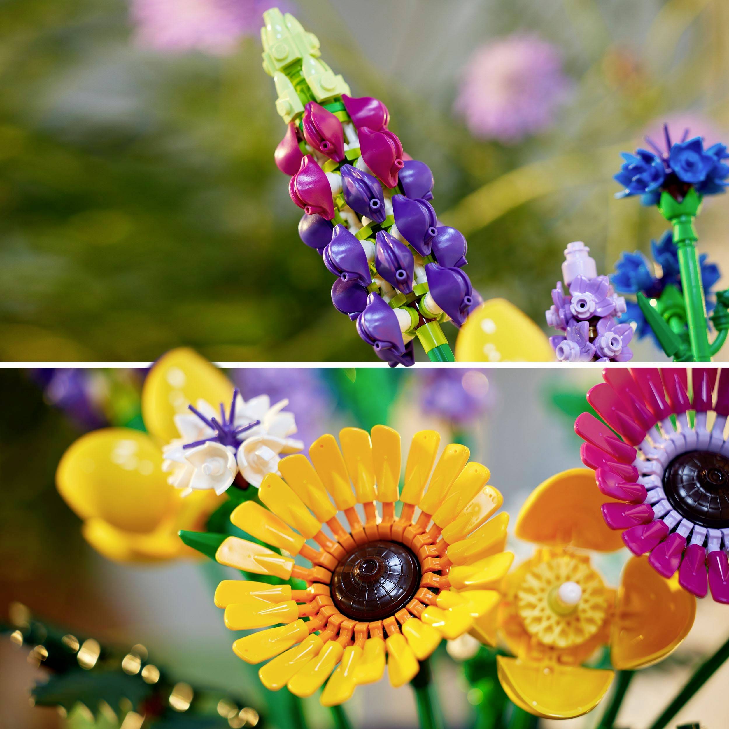 Verschiedenfarbige LEGO-Blumen in Nahaufnahme: lila Lupine, gelbe Sonnenblume und andere, vor einem unscharfen Hintergrund.