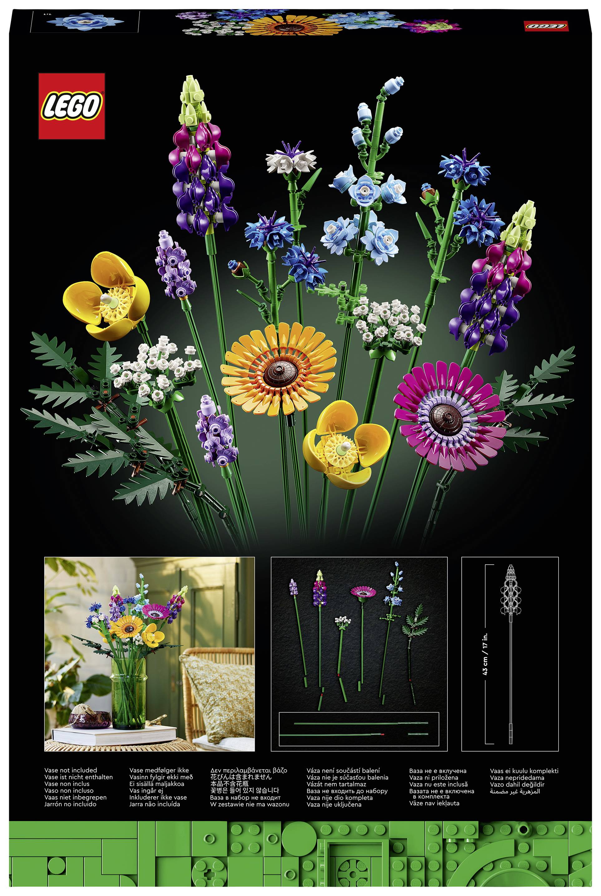 LEGO-Set-Verpackung zeigt Blumenstrauß aus baubaren LEGO-Blumen, inklusive Mohnblumen und Gänseblümchen. Enthält Bauanleitungen.