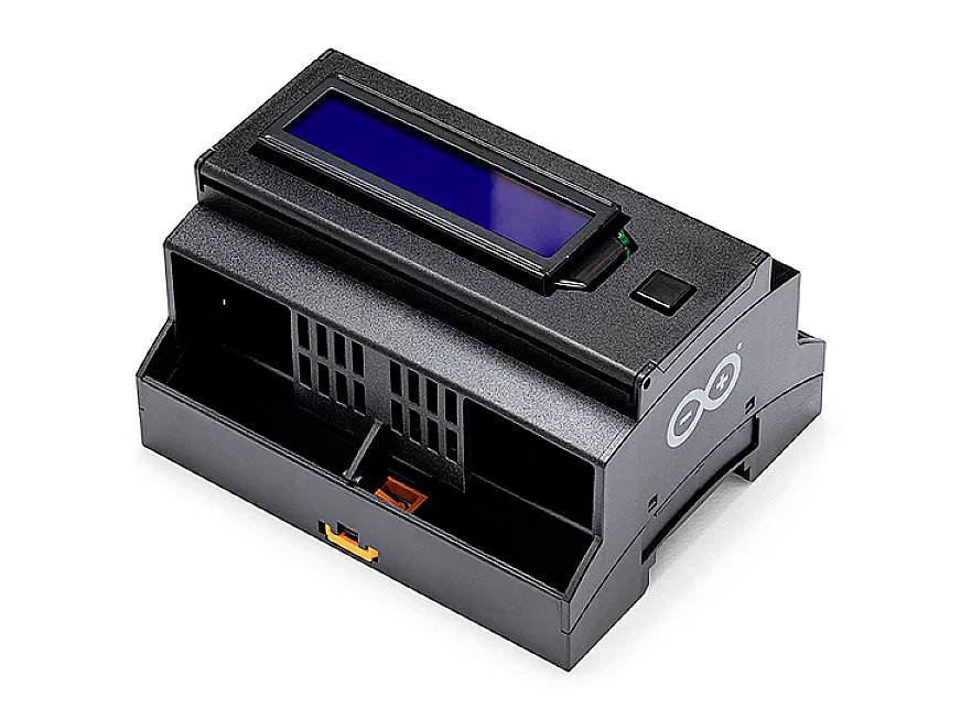 Schwarzer Gerätehalter mit digitalem Display und Anschlussmöglichkeiten, geeignet für Arduino-Module. Enthält ein blaues LCD oben.
