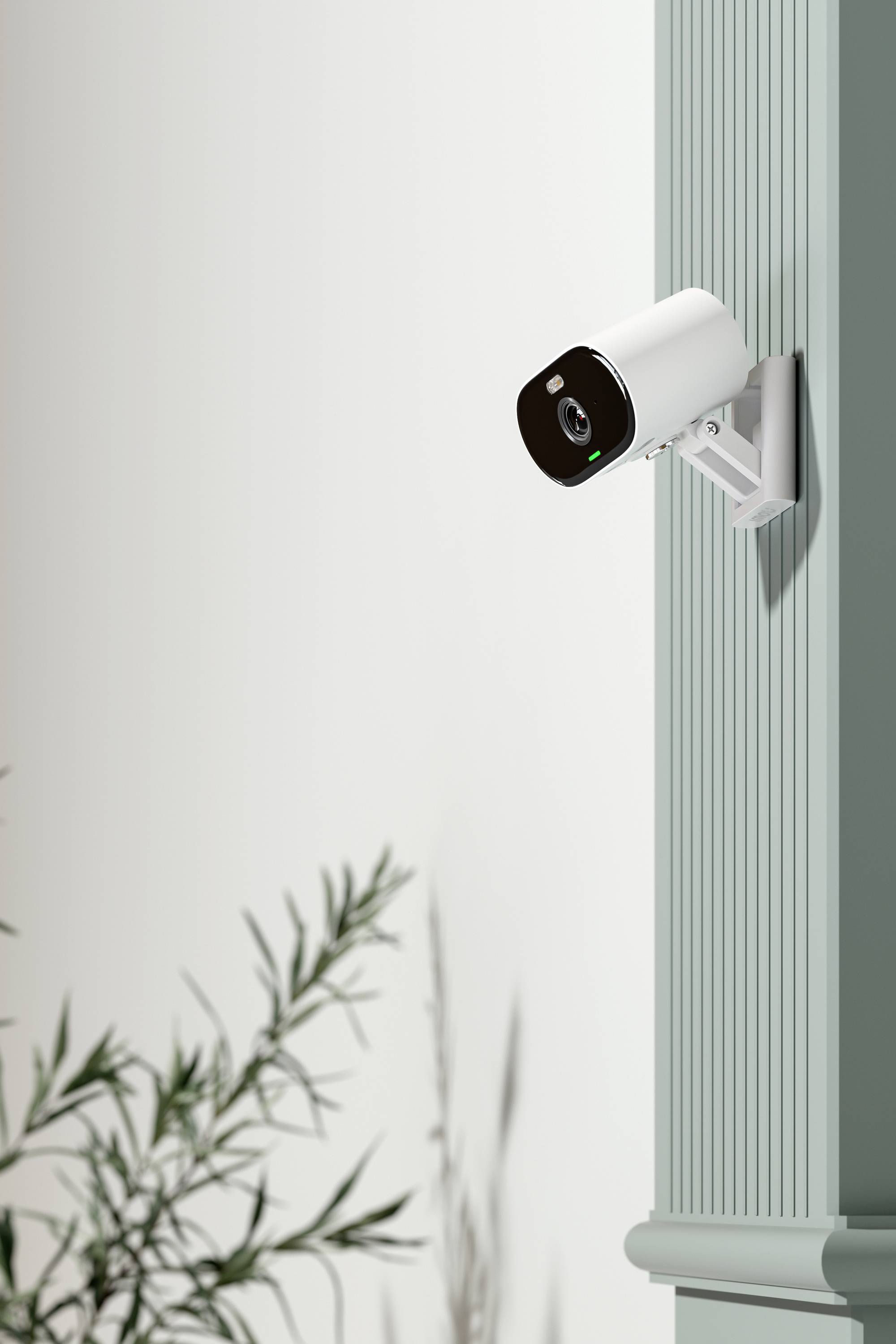 Überwachungskamera an einer Wand montiert, überwacht mit weitem Blickwinkel einen Bereich. Im Vordergrund sind verschwommene Pflanzen.