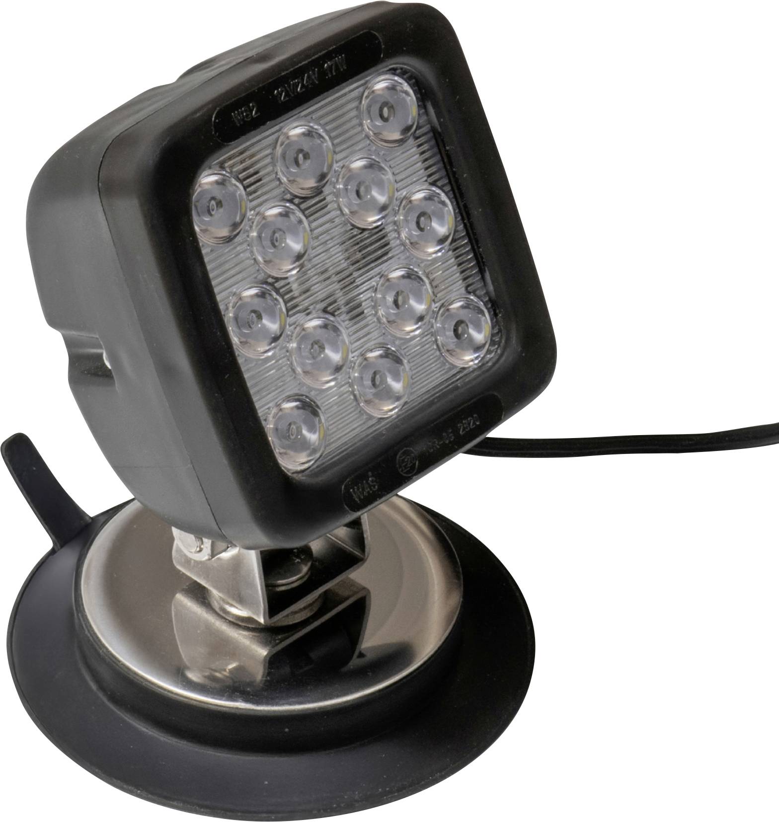 Ein rechteckiger LED-Arbeitsscheinwerfer mit zwölf runden Linsen und Saugfuß zur Befestigung, für mobile Beleuchtungslösungen.