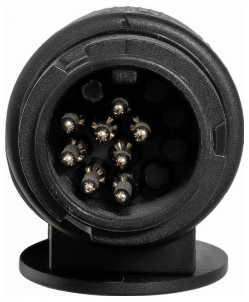 Eine schwarze runde Steckerbuchse mit sieben metallischen Pins, typischerweise für eine Anhängerkupplung bei Fahrzeugen verwendet.