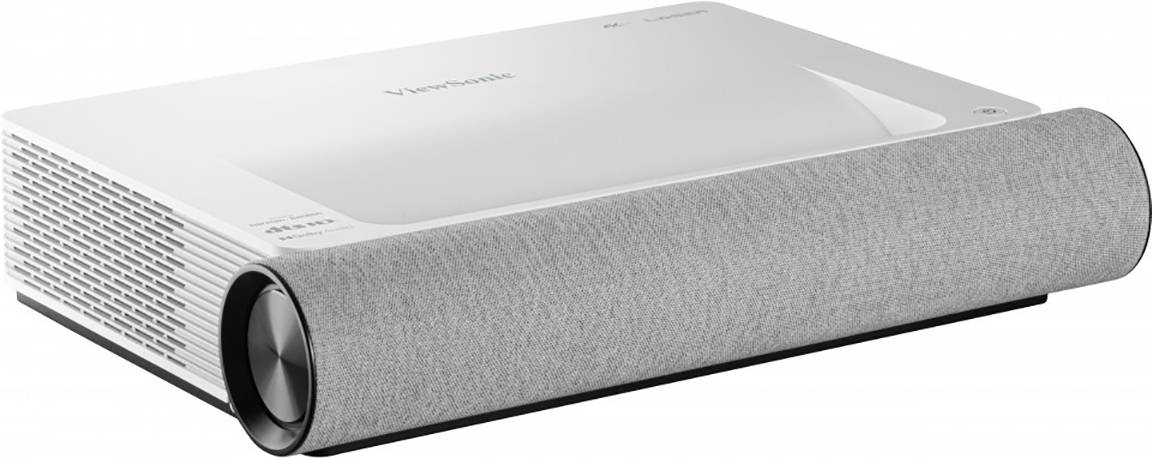 Ein weißer, rechteckiger Projektor mit grauem Stoffelement an der Vorderseite. Zeigt elegante, moderne Ausführung.