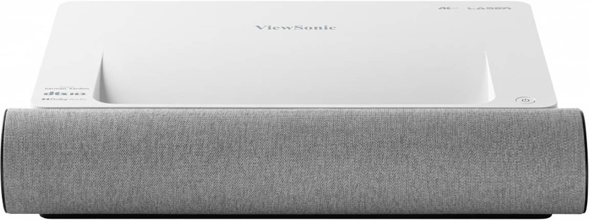 Ein weißer und grauer ViewSonic-Projektor mit Laserprojektionstechnologie, geeignet für Heimkino- und Präsentationszwecke.