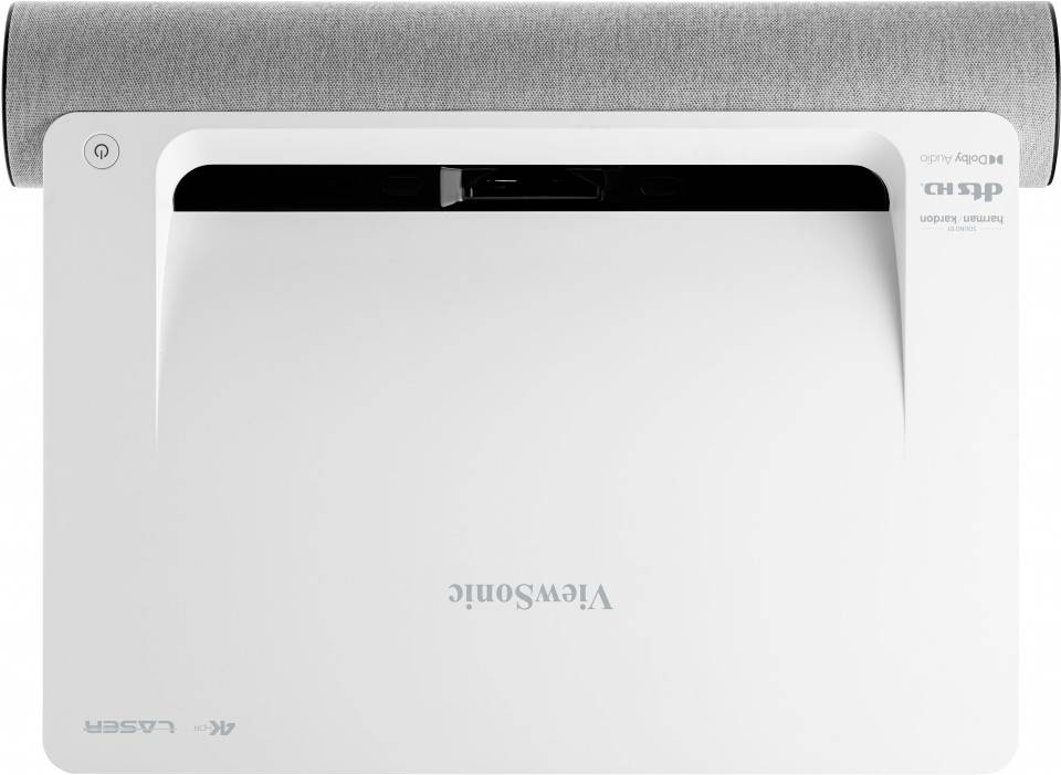 ViewSonic Beamer von oben, weißes Gehäuse mit grauem Stoffdetail. 4K Laser-Technologie und DLP Display. Produktname sichtbar.