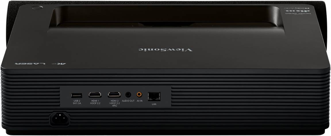 Ein schwarzer ViewSonic-Projektor mit mehreren Anschlüssen auf der Rückseite, einschließlich HDMI, USB und Ethernet, dargestellt.