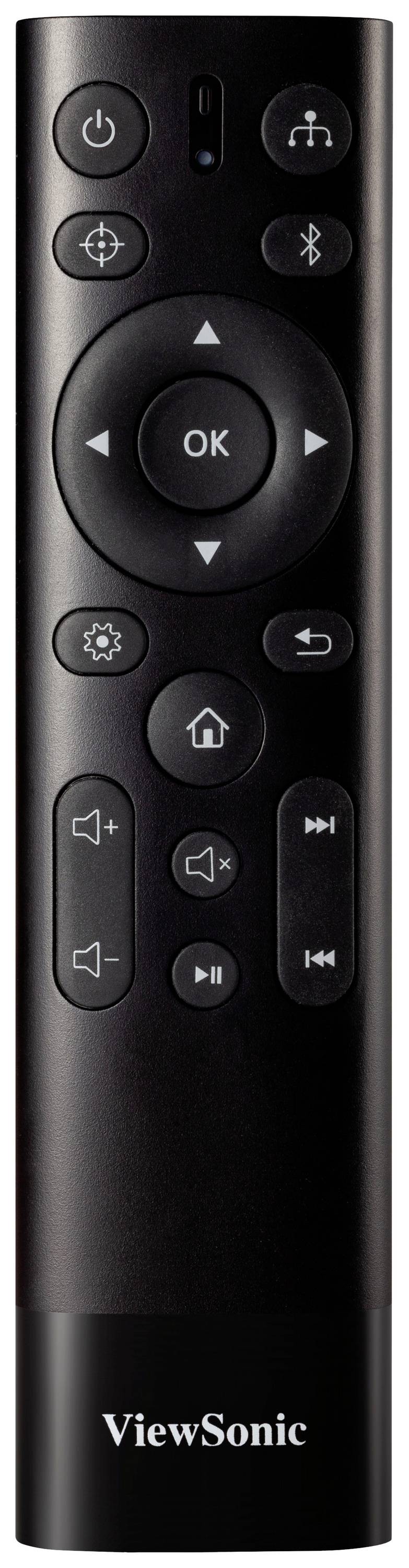 Eine schwarze Fernbedienung der Marke ViewSonic mit Tasten für Lautstärke, Navigation und Wiedergabesteuerung.