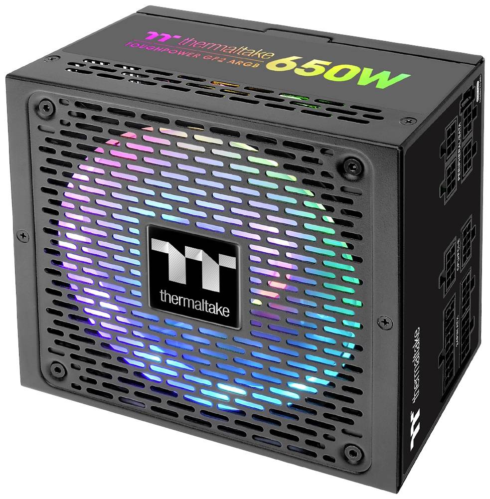 Netzteil von Thermaltake, Modell Toughpower GF1 ARGB, 650 Watt, mit leuchtendem RGB-Lüfter und modularem Kabelmanagement.