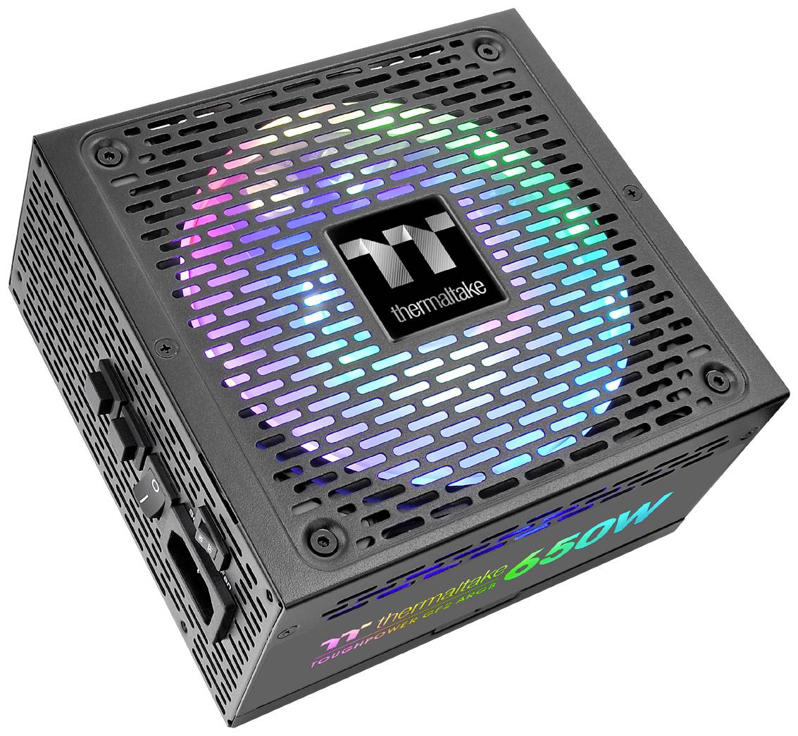 Ein schwarzes Computernetzteil mit RGB-Beleuchtung und Lüftungsgitter. Es trägt das Markenlogo und die Aufschrift '650W'.