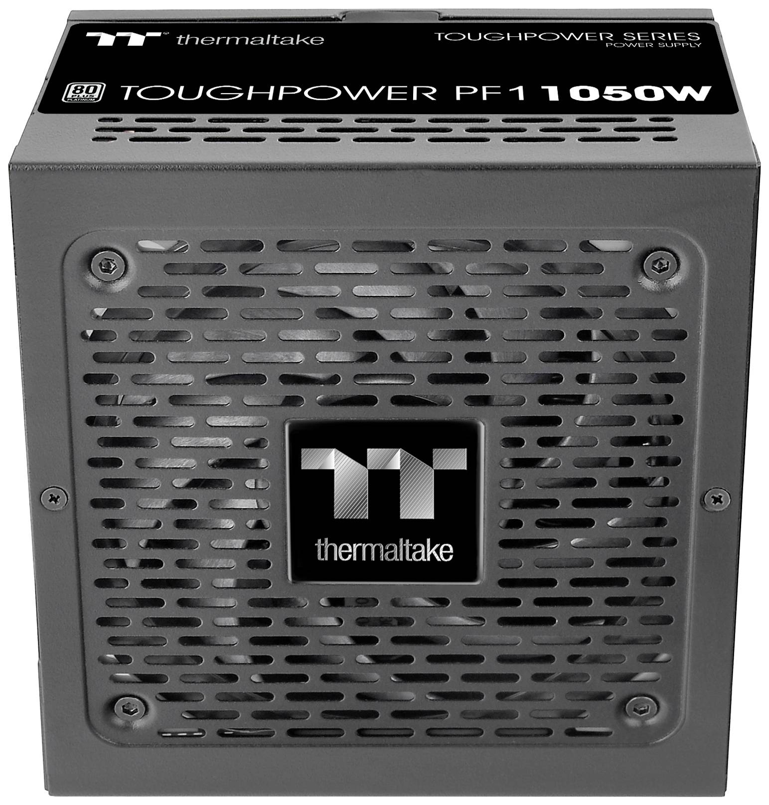 Schwarzes PC-Netzteil der Marke Thermaltake 'TOUGHPOWER PF1 1050W', zeigt Lüftergitter und Markenlogo.
