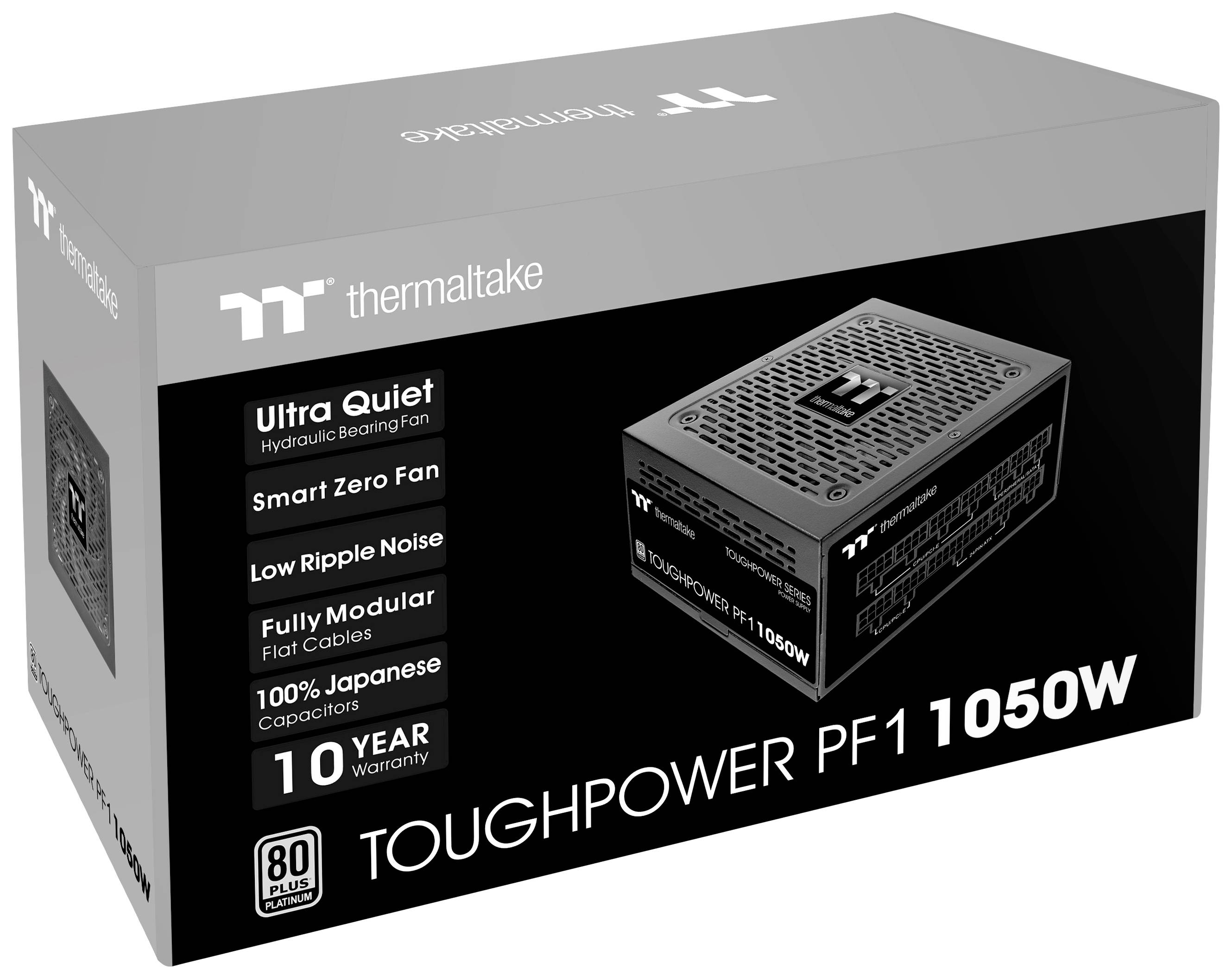 Schwarze Verpackung einer Thermaltake Toughpower PF1 PSU mit 1050W, 80 PLUS Platinum zertifiziert, 10 Jahre Garantie.