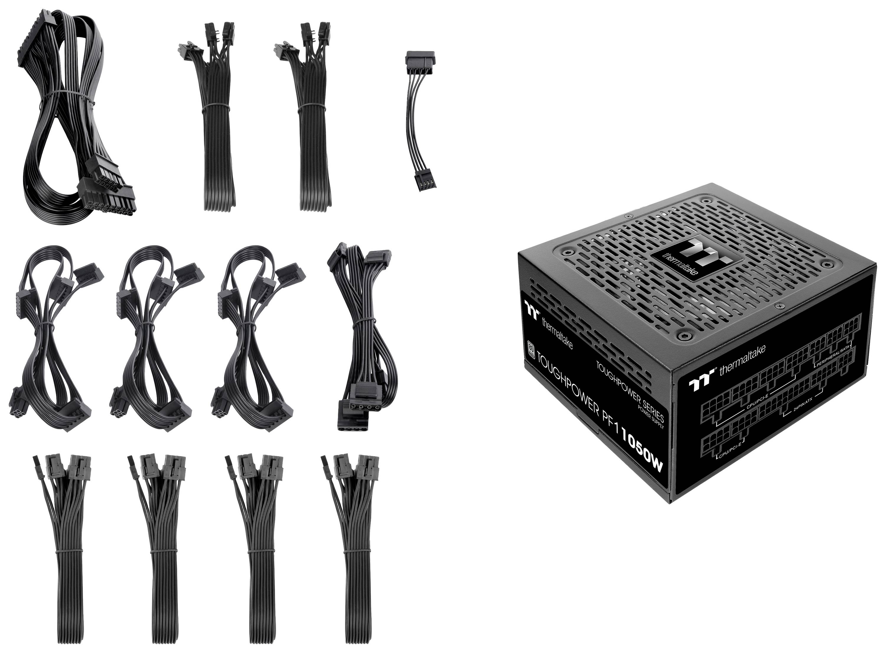 Netzteil mit Zubehör für Computer. Enthält mehrere Kabel und einen Hauptadapter. Geeignet für leistungsstarke Systeme.