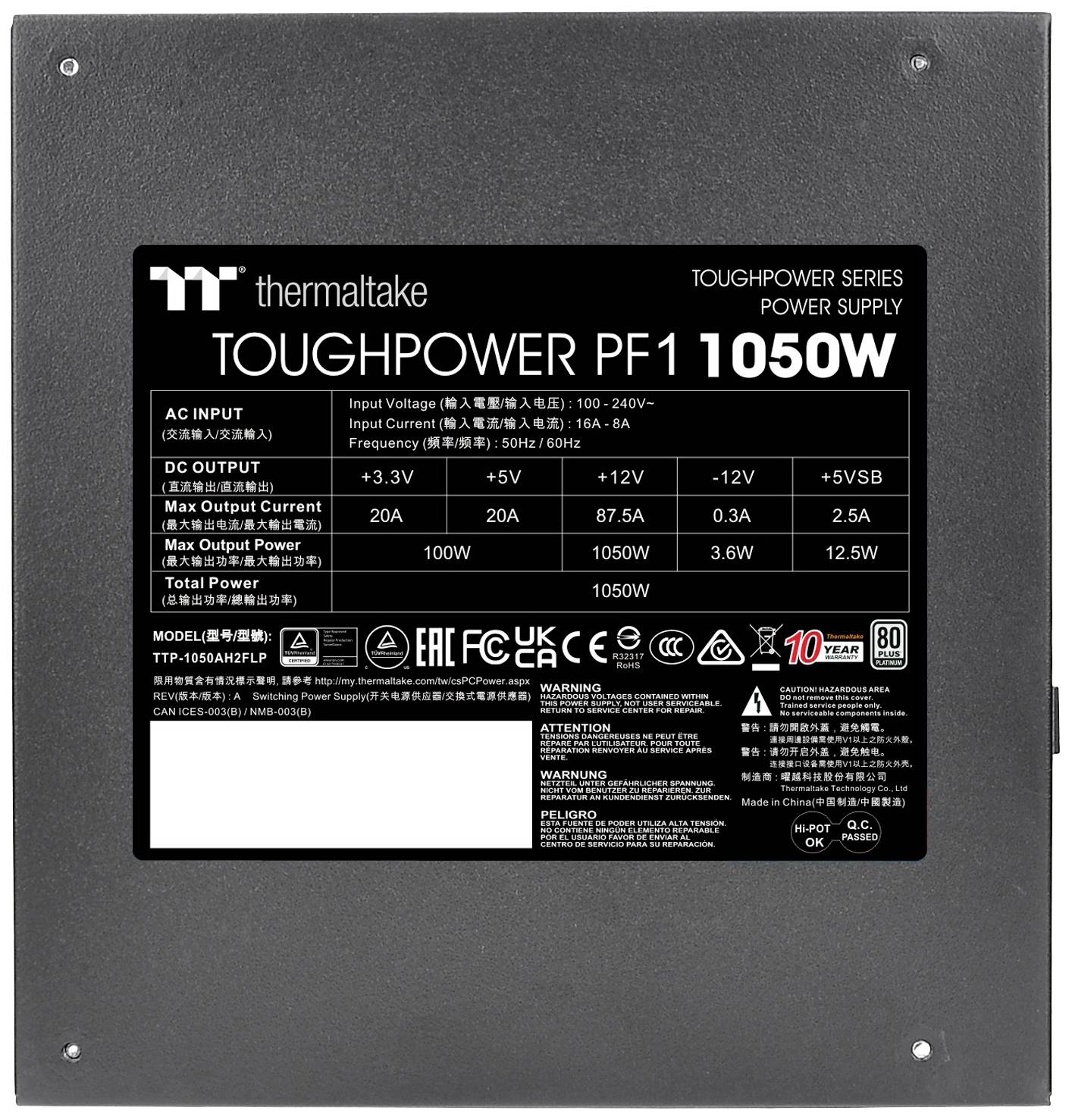 Netzteil für Computer, Marke 'Thermaltake Toughpower PF1', 1050 Watt, technische Spezifikationen und Sicherheitswarnhinweise abgebildet.