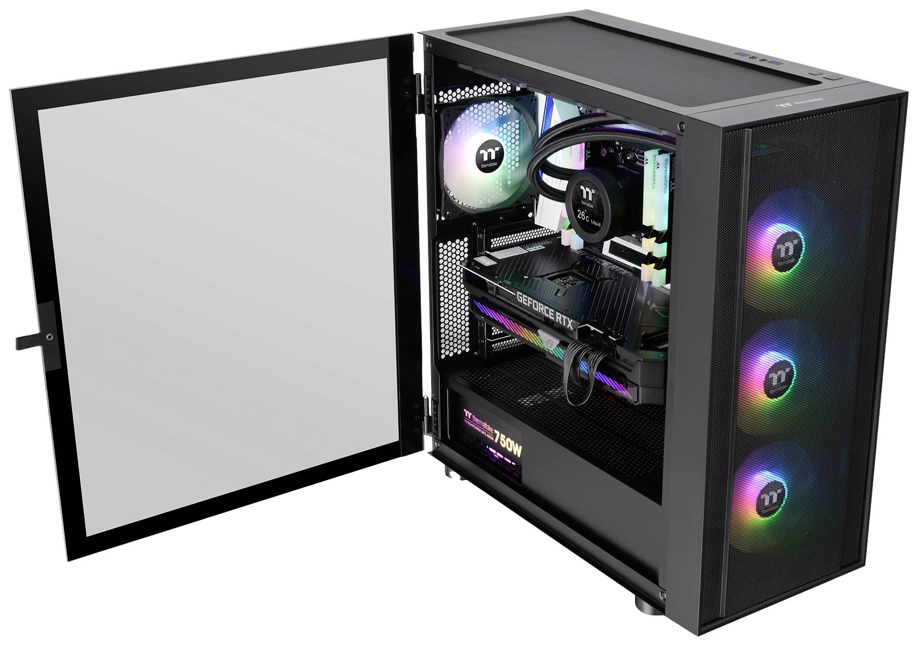 Thermaltake CA-1T9-00M1WN-01 Midi-Tower PC-Gehäuse Schwarz 3 Vorinstallierte LED Lüfter, LCS Kompatibel, Seitenfenster, Für DIY Wasserkühlung gee