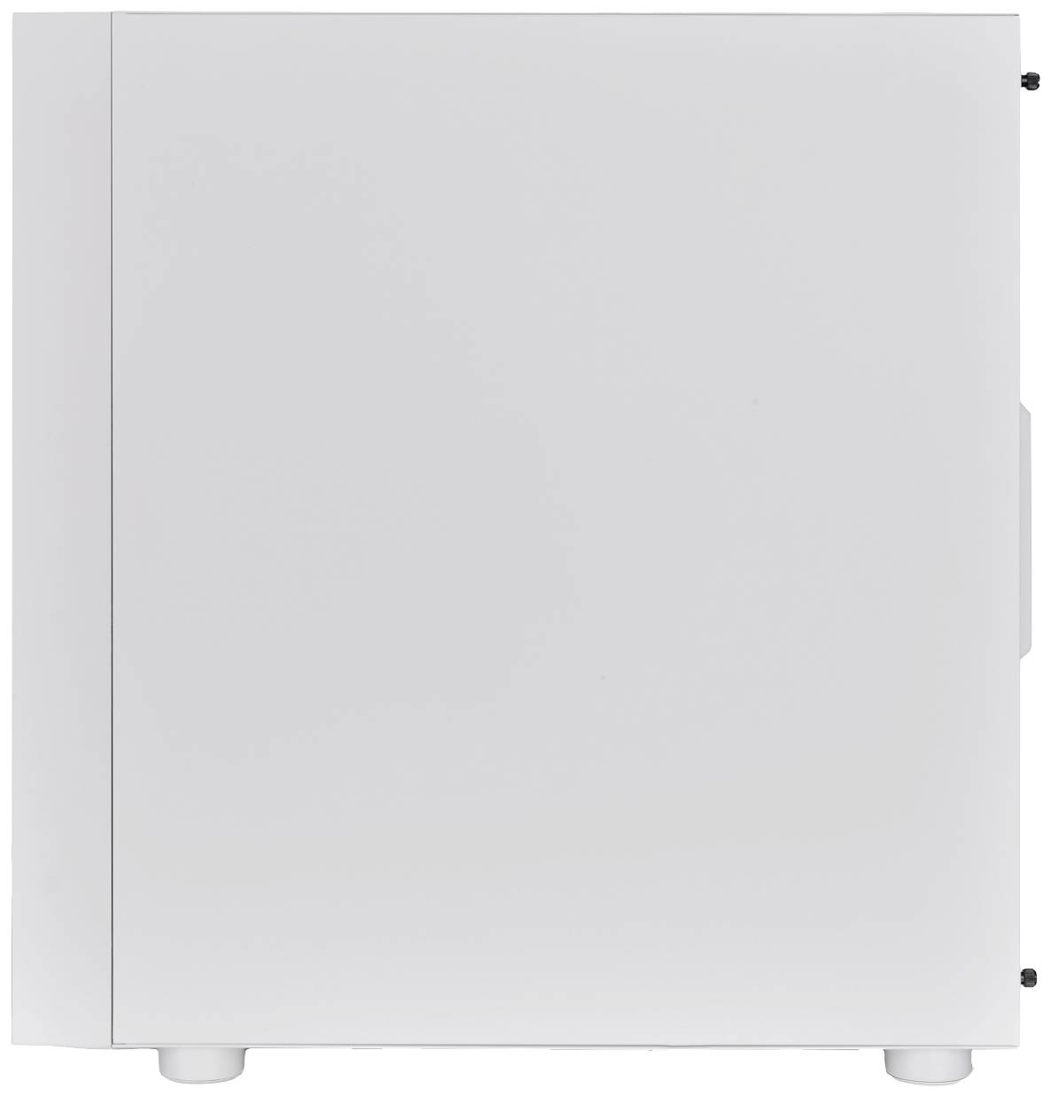 Ein weißes, rechteckiges Computergehäuse mit glatten Oberflächen. Es steht auf einer flachen Oberfläche und ist geschlossen.