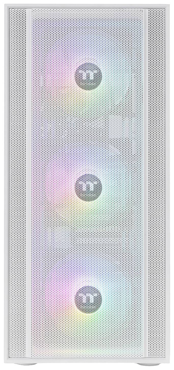 Computergehäuse mit drei sichtbaren Lüftern, die in Regenbogenfarben leuchten.