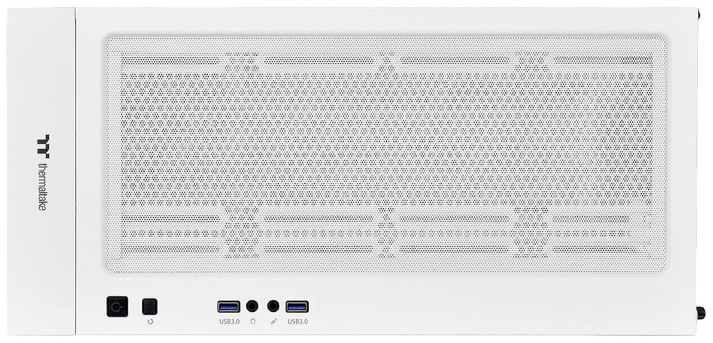 Weiße Computergehäuse-Vorderseite mit zwei USB-Ports, einem USB-C-Port und einem Audioanschluss unten. Firmensymbol und Name links.