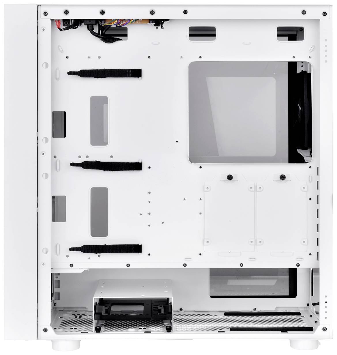 Weißes Computergehäuse in Ansicht von innen ohne Hardwarekomponenten, zeigt Schlitze und Halterungen für Hardwareeinbau.