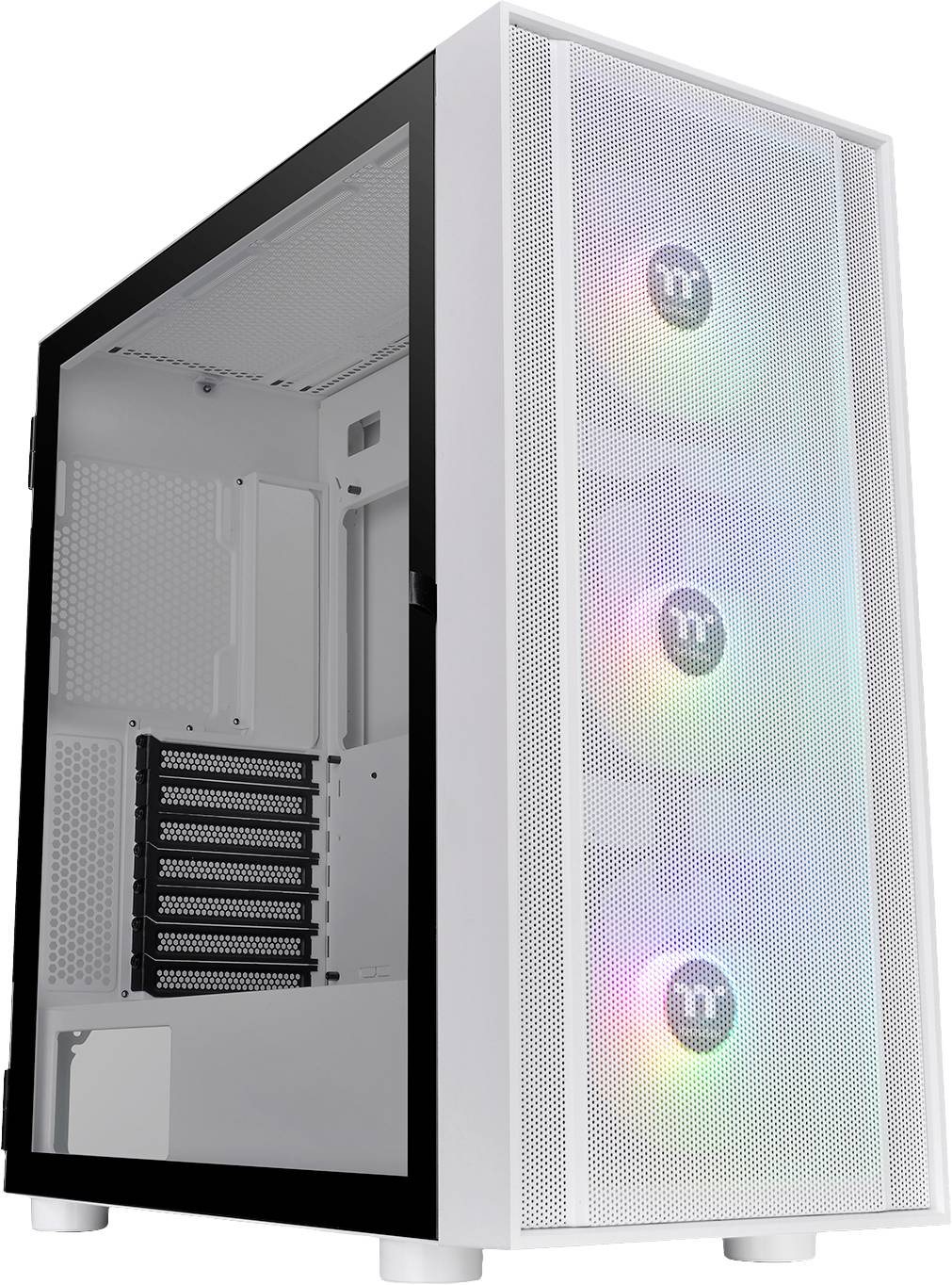 Weißes Computergehäuse mit Glasfenster und drei bunten beleuchteten Lüftern an der Vorderseite.
