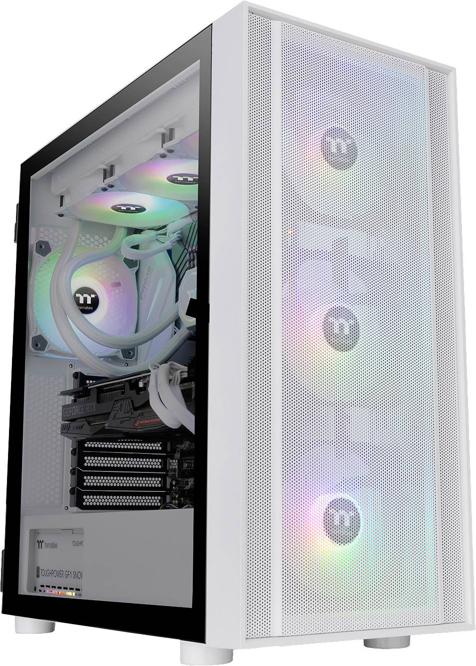 Ein weißer Computer mit transparentem Seitenpanel zeigt leuchtende RGB-Lüfter und ein komplexes Kühlsystem im Inneren.