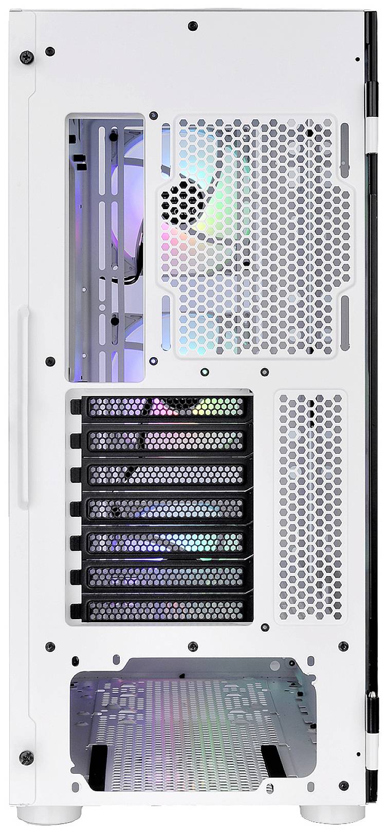 Rückseite eines weißen PC-Gehäuses mit mehreren Lüftungsschlitzen und RGB-Beleuchtung im Inneren, zeigt Erweiterungsslots und Netzteilbereich.