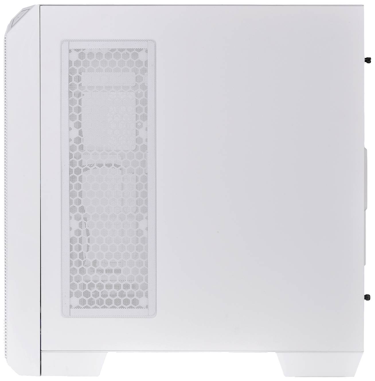 Ein weißes Computergehäuse mit seitlichem Gitter für Belüftung. Minimalistisches Design, geeignet für PC-Bauprojekte.