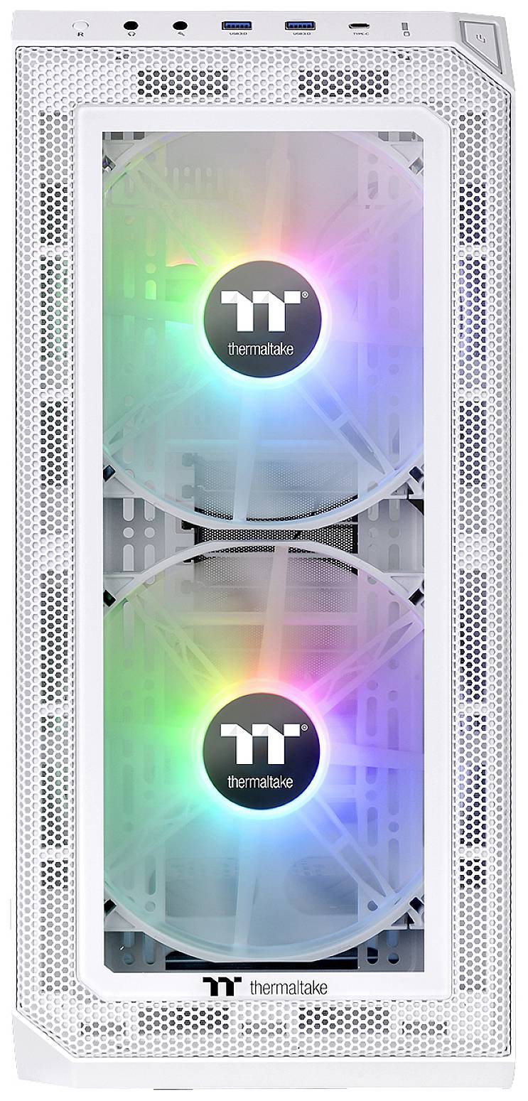 Computertower in Weiß mit zwei großen Lüftern, die RGB-LEDs haben und in verschiedenen Farben leuchten. Oben sind USB-Anschlüsse sichtbar.