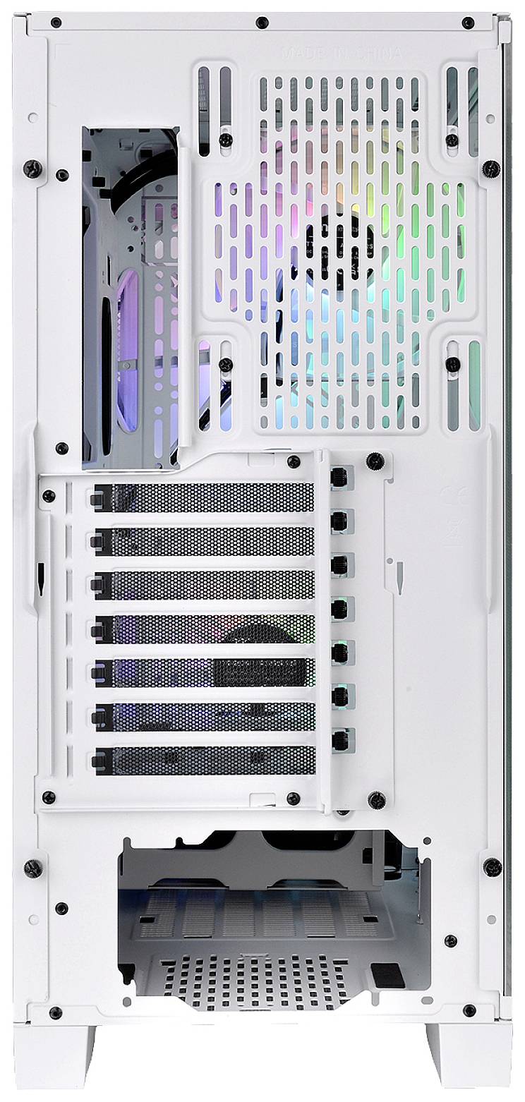 Weiße Computergehäuse-Rückseite mit Lüftungsschlitzen und RGB-Beleuchtung sichtbar. Mehrere Erweiterungssteckplätze vorhanden. Verwendungszweck: PC-Komponenten-Unterstützung.