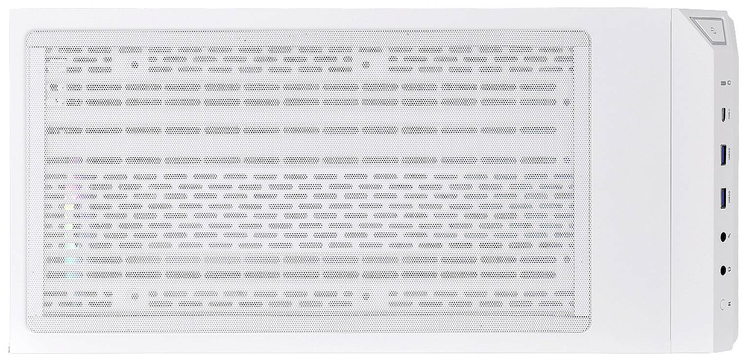 Weißes Computergehäuse mit seitlichen Belüftungsschlitzen und Anschlüssen für USB, Kopfhörer und Mikrofon.