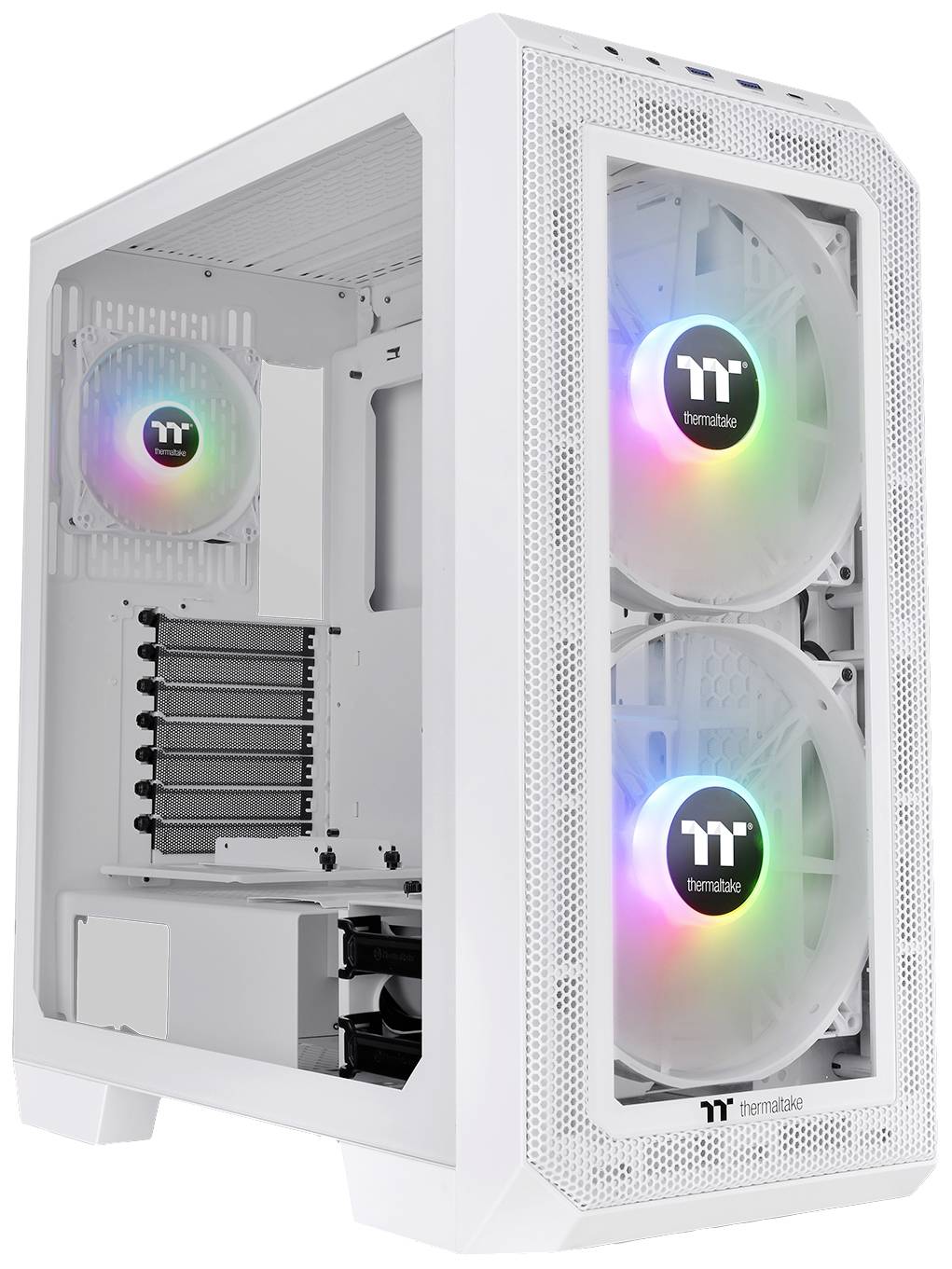 Ein weißes Computergehäuse mit transparentem Seitenteil zeigt Innenraum mit RGB-beleuchteten Ventilatoren und mehreren Laufwerksschächten.