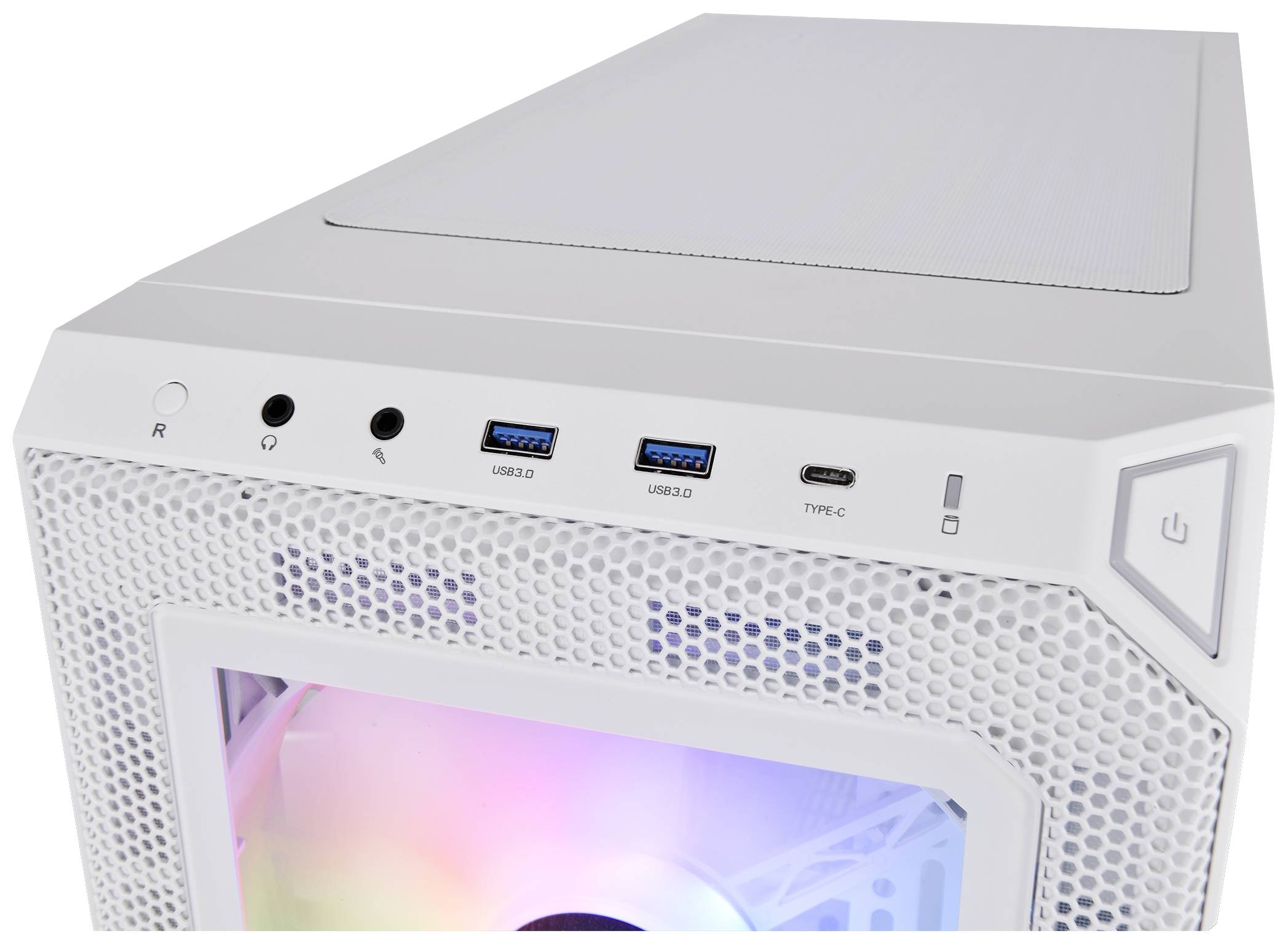 Ein weißes PC-Gehäuse mit USB-Anschlüssen und einem beleuchteten Lüfter. Oben befinden sich Anschlüsse für Kopfhörer und USB.