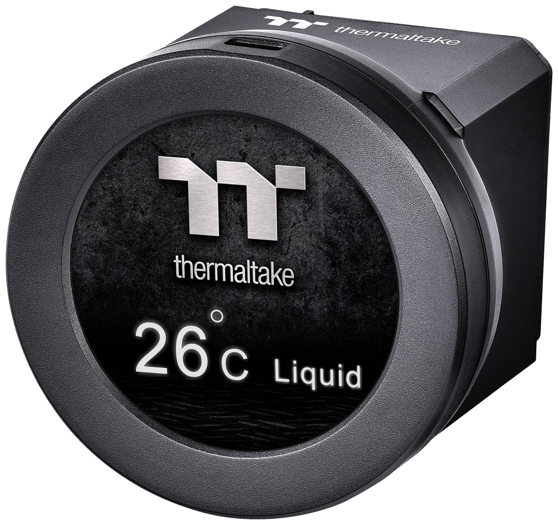 Thermaltake Flüssigkeitskühler-Anzeige zeigt '26°C Liquid' an. Schwarzes, rundes Design mit großem Logo und Temperaturanzeige.