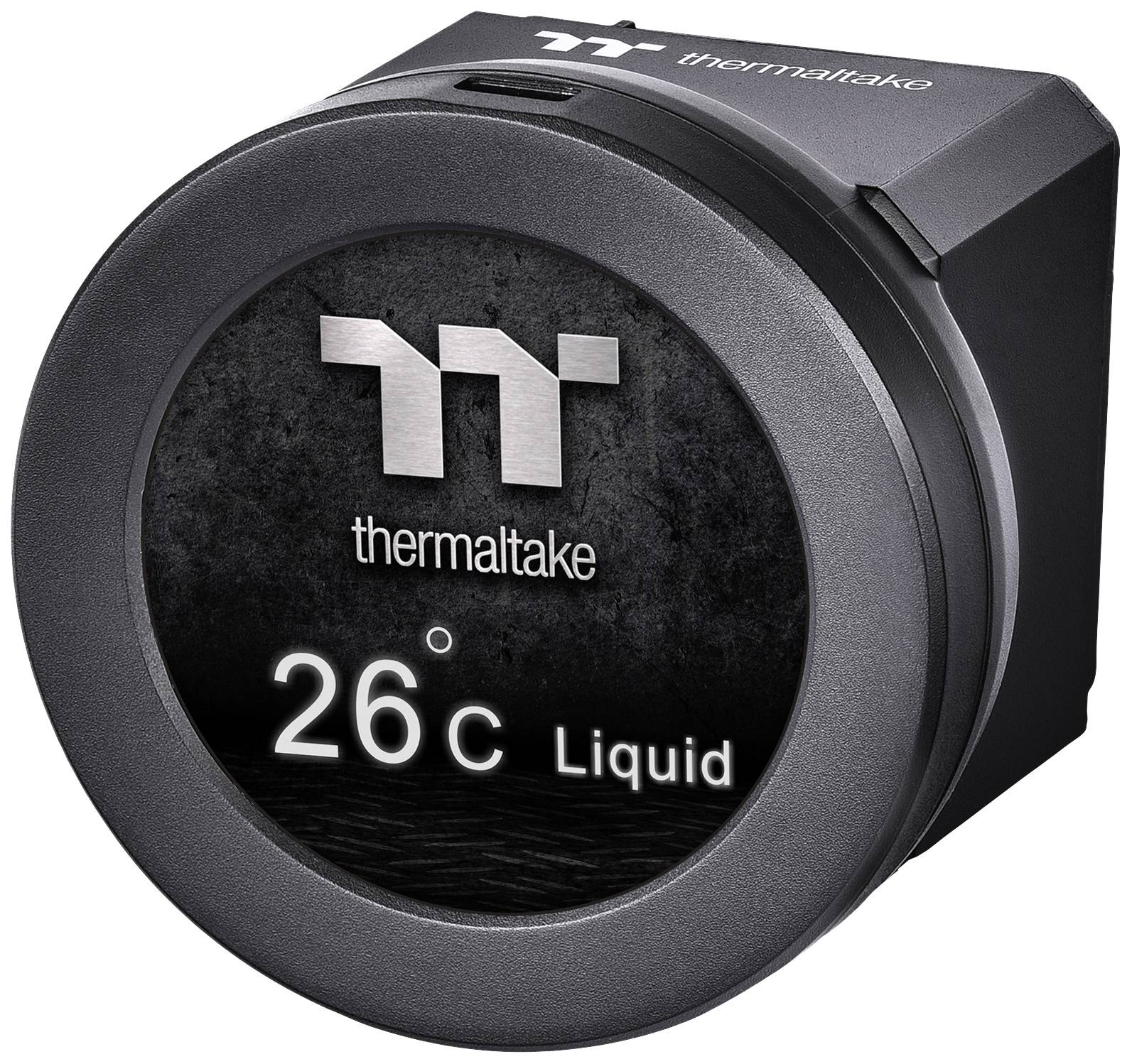 Ein rundes Thermaltake-Gerät zeigt '26°C Liquid' an, was auf die Temperatur einer Flüssigkeit hinweist. Das Logo ist oben sichtbar.