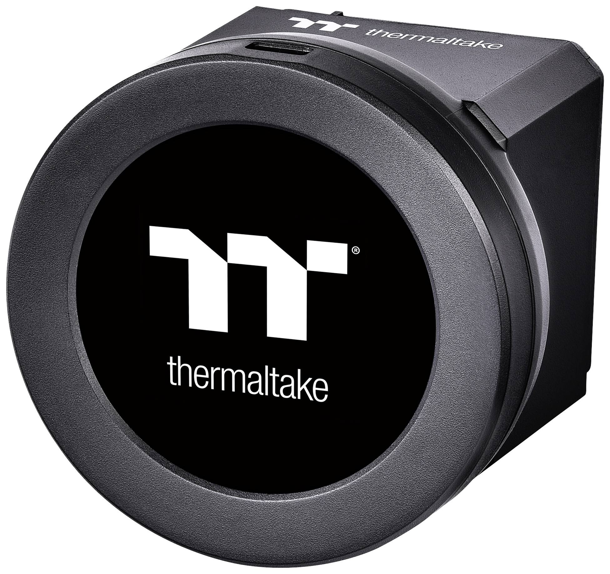 Schwarzer Rundanzeiger mit weißem 'thermaltake'-Logo zentral auf der Vorderseite.