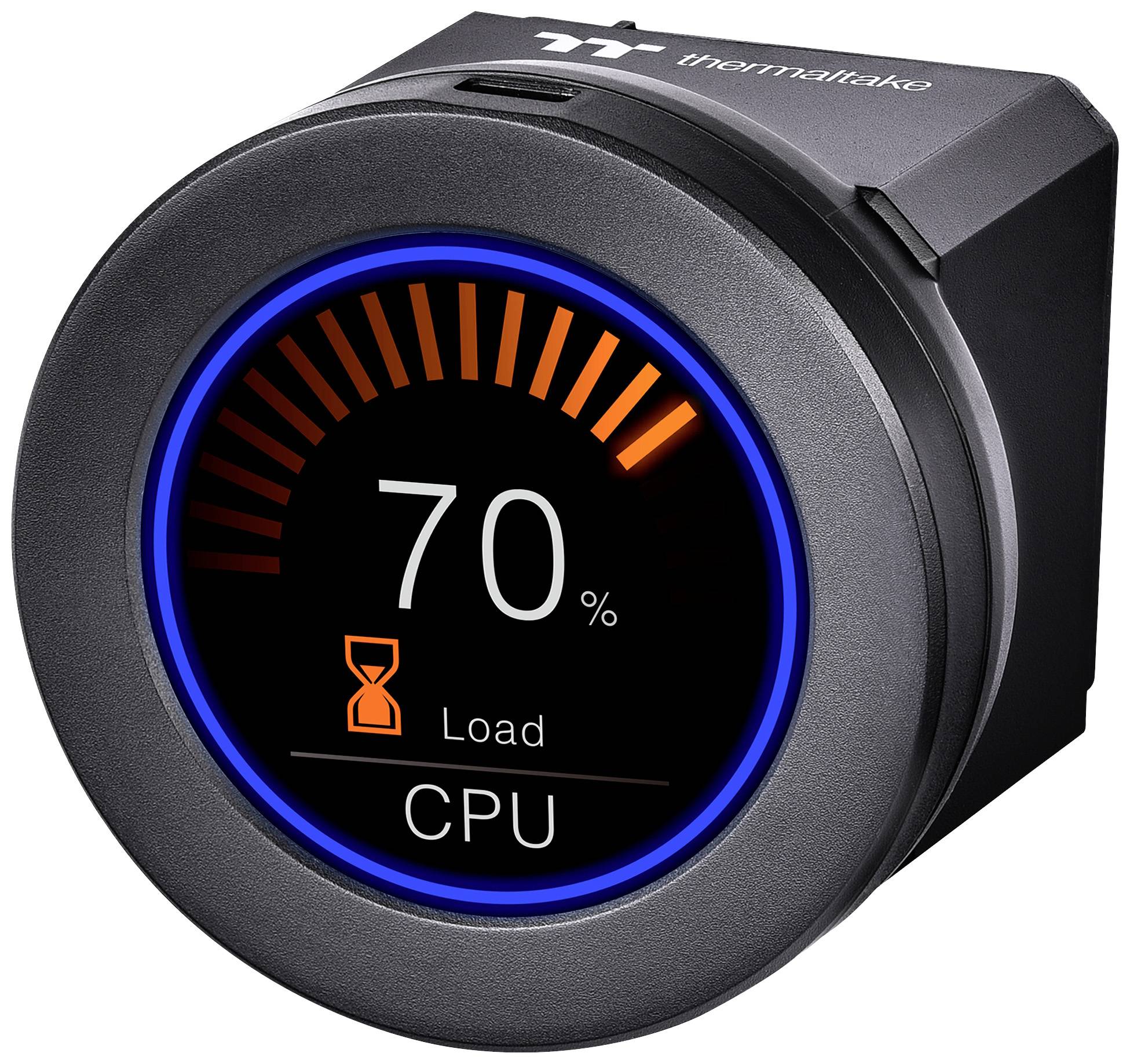 Ein rundes CPU-Überwachungsgerät zeigt ’70 %’ Auslastung an, umgeben von einem blauen Kreis. Oranger Balken zeigt steigende Last.