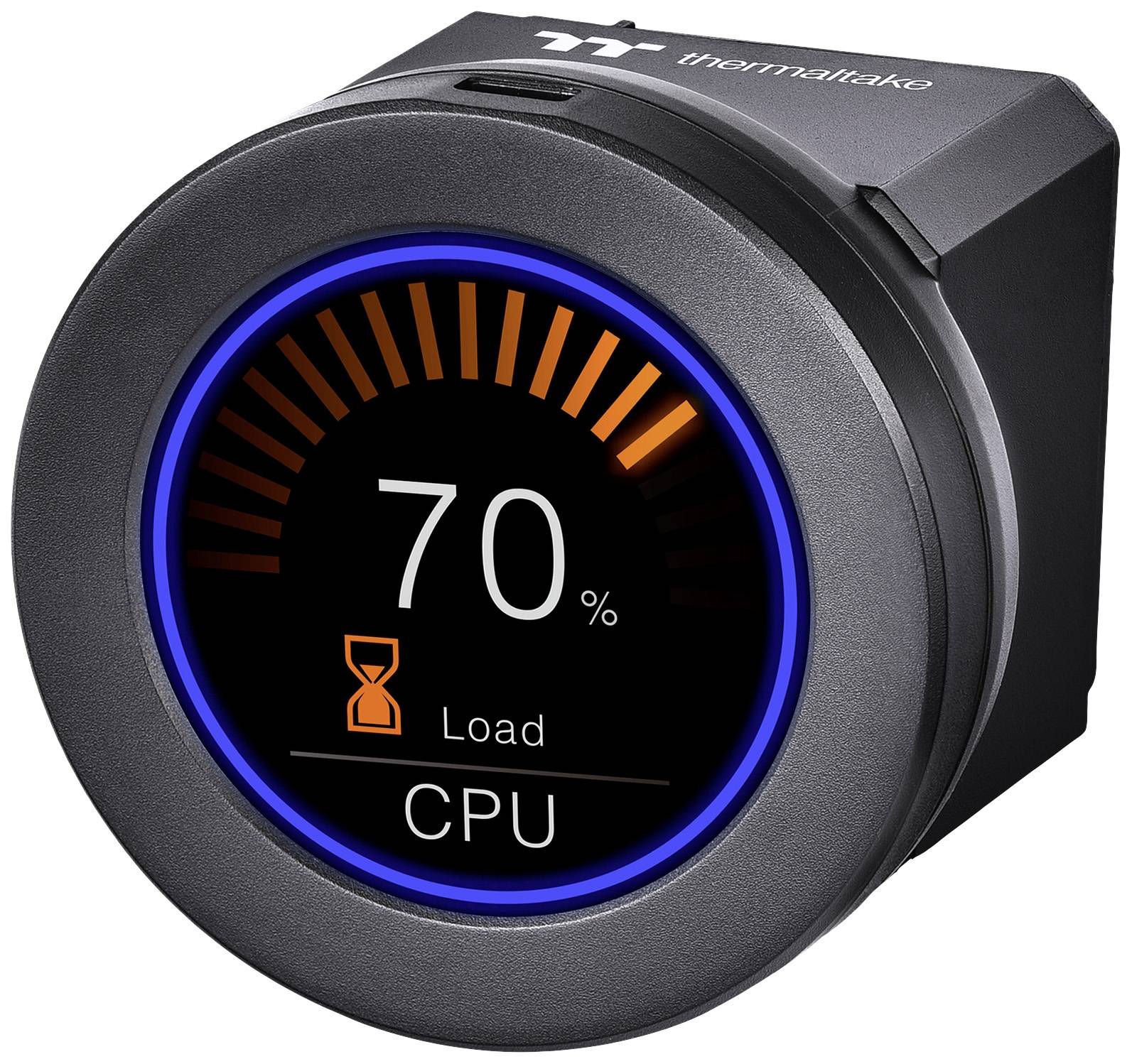 Ein rundes digitales Anzeigeinstrument zeigt '70% CPU Load' an. Es hat einen blau beleuchteten Rand und ein kleines Sanduhr-Symbol.