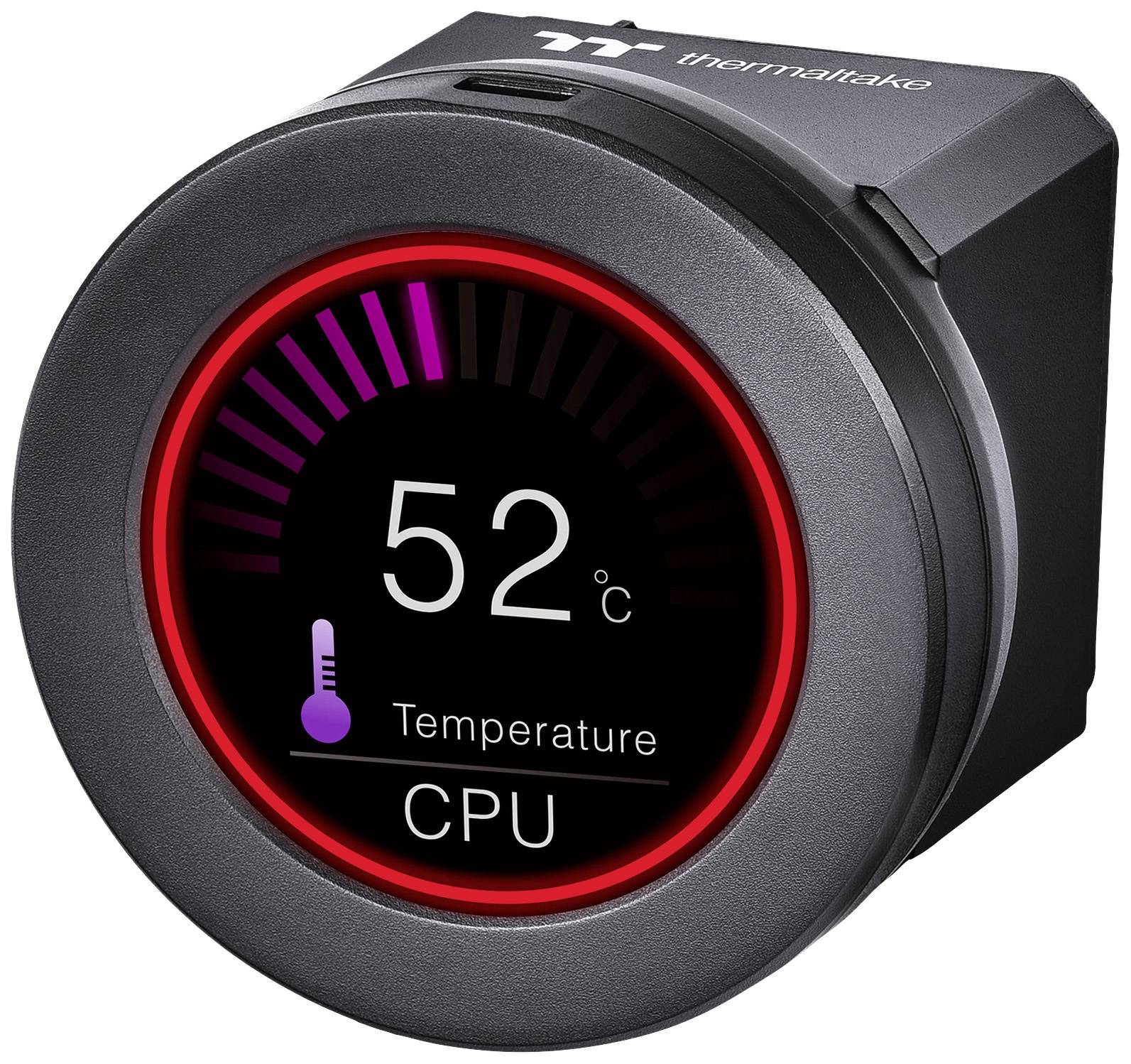 Rundes digitales Thermometer zeigt CPU-Temperatur von 52 Grad Celsius an. Temperaturanzeige mit rotem Ring umrahmt.