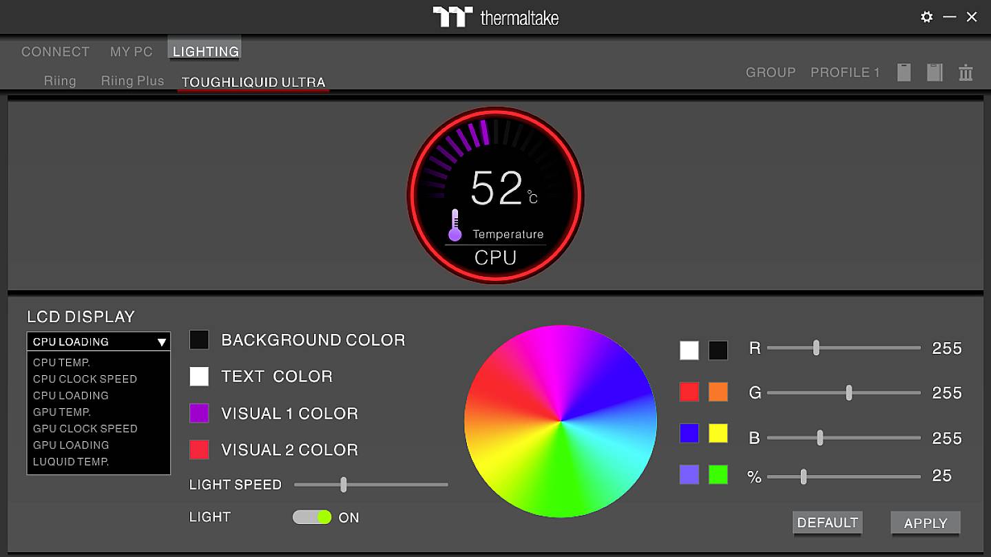 Benutzeroberfläche eines Computerprogramms zur Steuerung von RGB-Beleuchtung. Zeigt CPU-Temperatur, Farb- und Helligkeitseinstellungen.