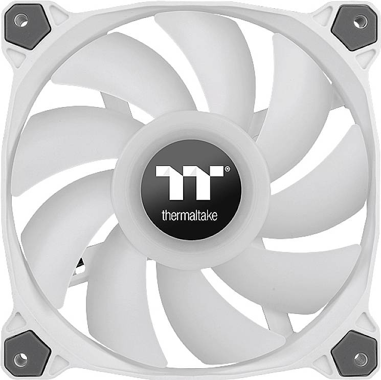 Ein weißer Lüfter von Thermaltake mit einem zentralen Logo. Der Lüfter hat neun Blätter und ist für Computergehäuse geeignet.