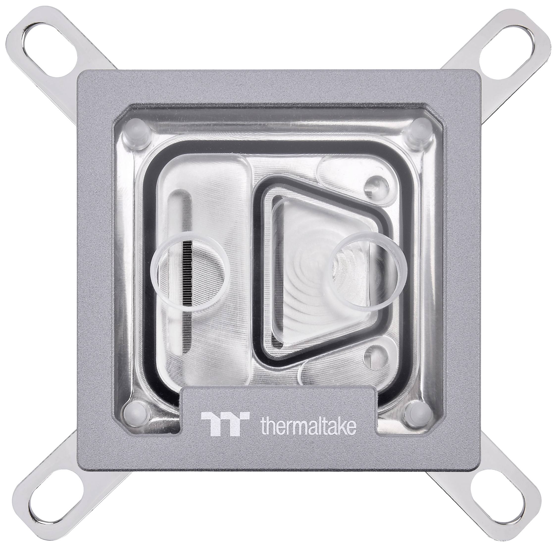 Wasserkühlungsblock für Prozessoren, quadratisch mit durchsichtigem Gehäuse, Marke Thermaltake, zeigt silberne Halterungen an den Ecken.